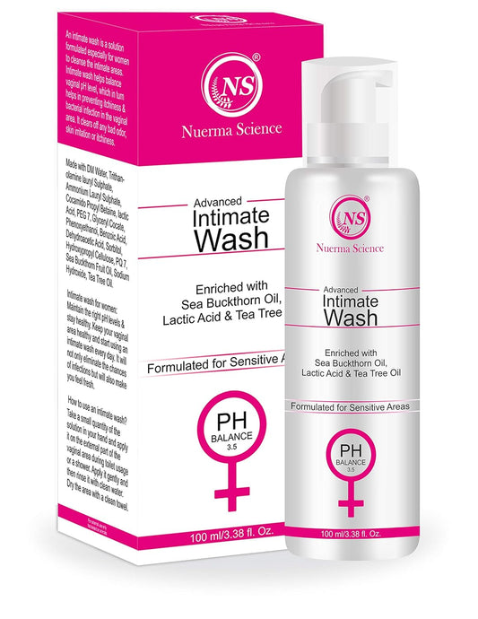 Nuerma Science Advanced Women Intimate Wash | Sea Buckthorn Oil, Lactic Acid & Tea Tree Oil | pH Balanced, Gynecologist Tested, For Sensitive Skin - 100ml