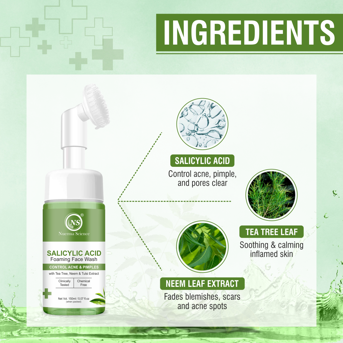 Nuerma Science Salicylic Acid Foaming Face Wash | Controls Acne & Pimples with Tea Tree, Neem & Tulsi Extract - 150ml
