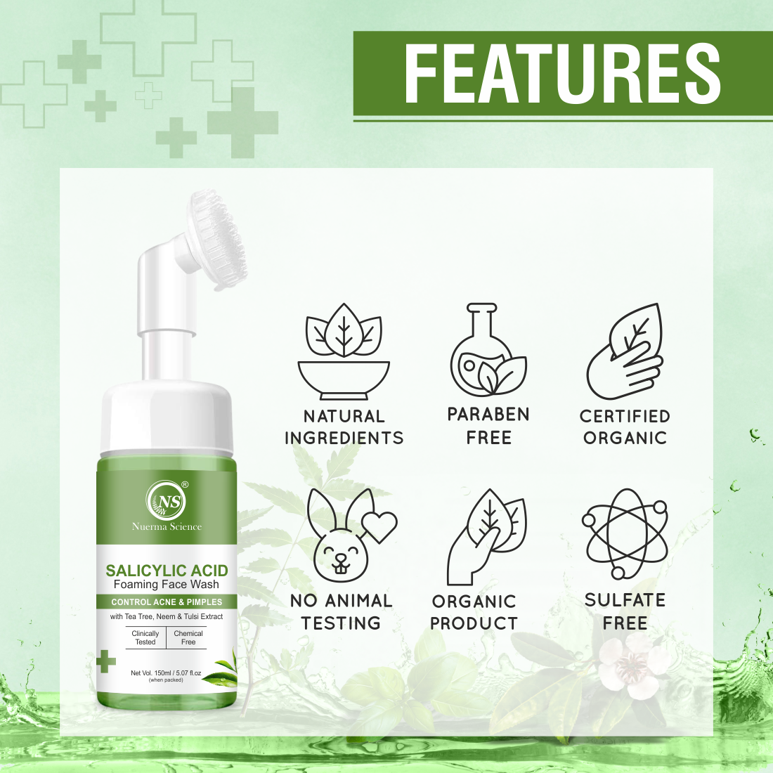 Nuerma Science Salicylic Acid Foaming Face Wash | Controls Acne & Pimples with Tea Tree, Neem & Tulsi Extract - 150ml