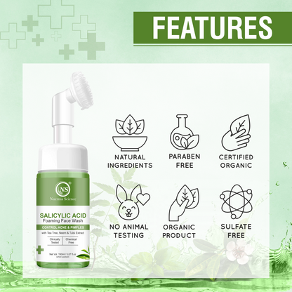 Nuerma Science Salicylic Acid Foaming Face Wash | Controls Acne & Pimples with Tea Tree, Neem & Tulsi Extract - 150ml