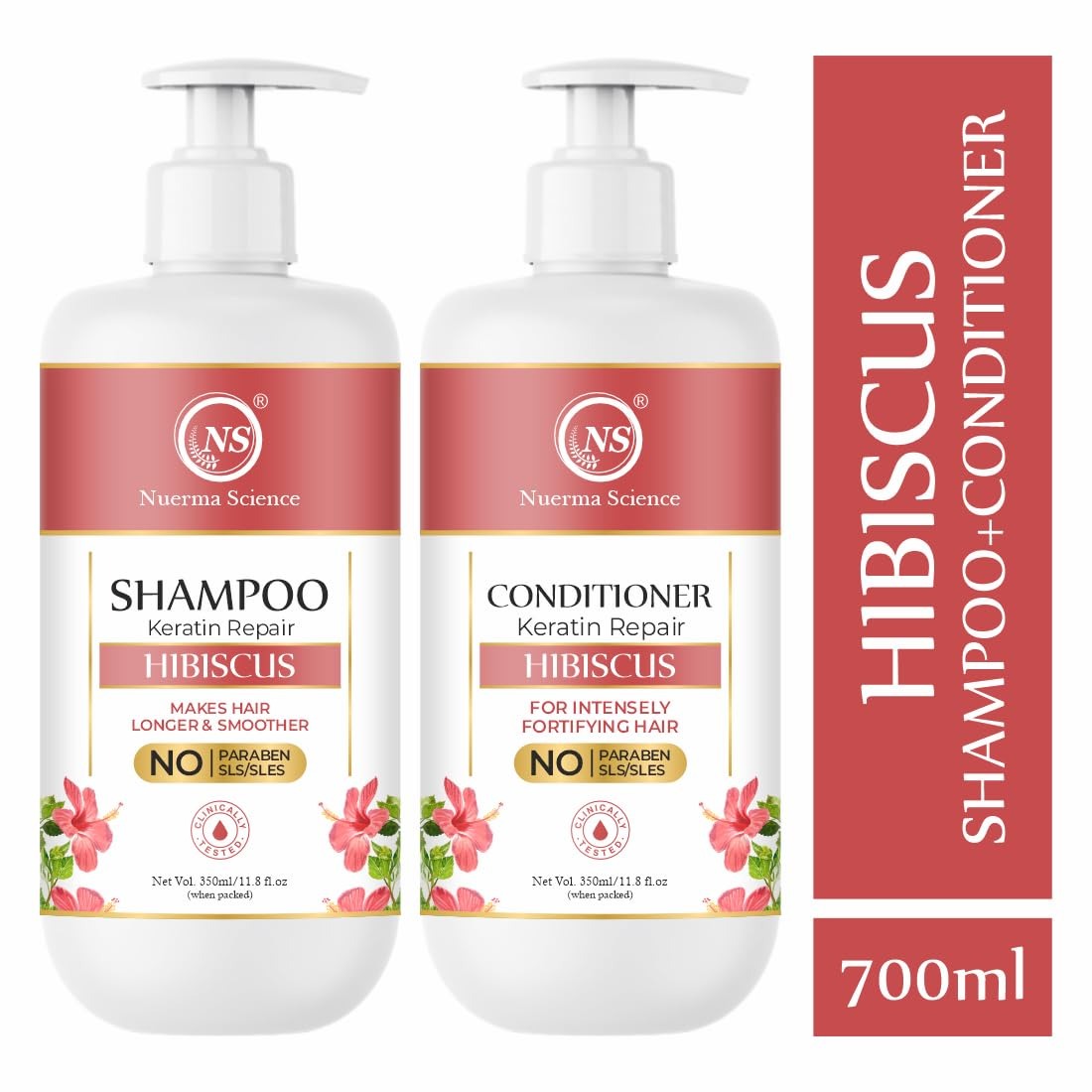 Nuerma Science Hibiscus Hair Shampoo & Conditioner | Hair Fall Control, Shine & Scalp Health | Sulphate & Paraben Free | Pack of 2, 700ml