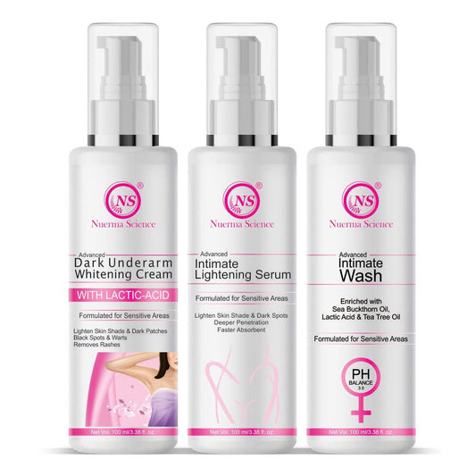 Nuerma Science Intimate Care Combo (Pack of 3) | Skin Lightening Serum + Underarm Cream + Intimate Wash | With Lactic Acid, For Sensitive Areas