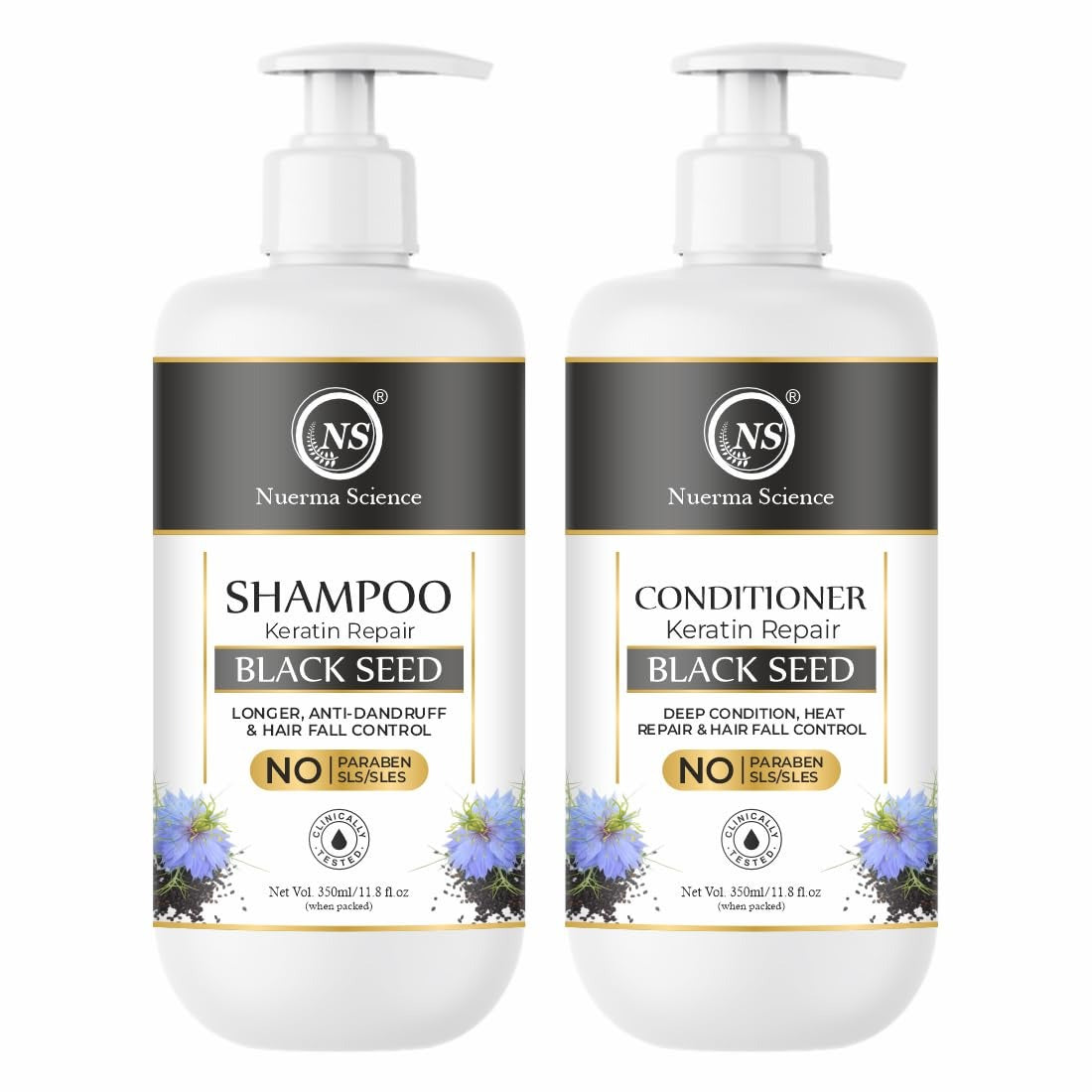 Nuerma Science Black Seed Hair Shampoo & Conditioner | Strengthens Roots, Reduces Hair Fall, Nourishes Scalp | Sulphate & Paraben Free | Pack of 2, 700ml
