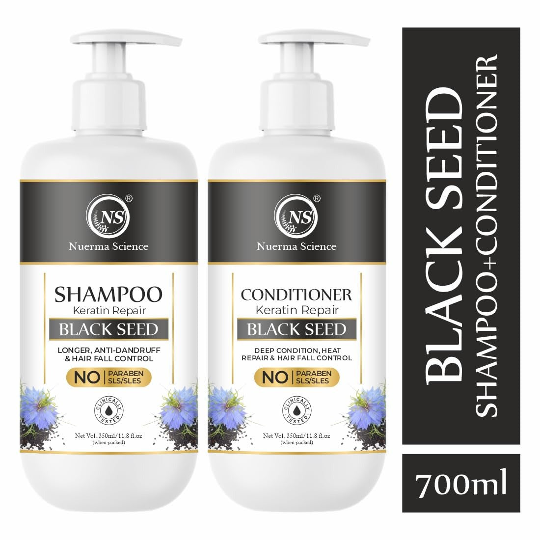 Nuerma Science Black Seed Hair Shampoo & Conditioner | Strengthens Roots, Reduces Hair Fall, Nourishes Scalp | Sulphate & Paraben Free | Pack of 2, 700ml