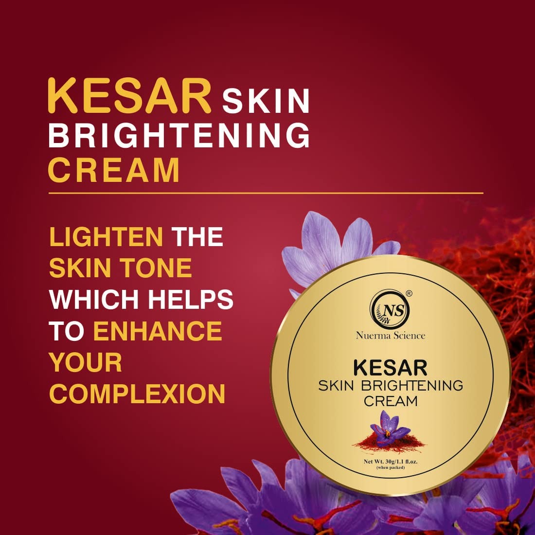Nuerma Science Kesar Skin Brightening Cream SPF 30 – 50g | Saffron, Vitamin C, Niacinamide, Retinol & Turmeric | Ayurvedic Fairness & Sun Protection