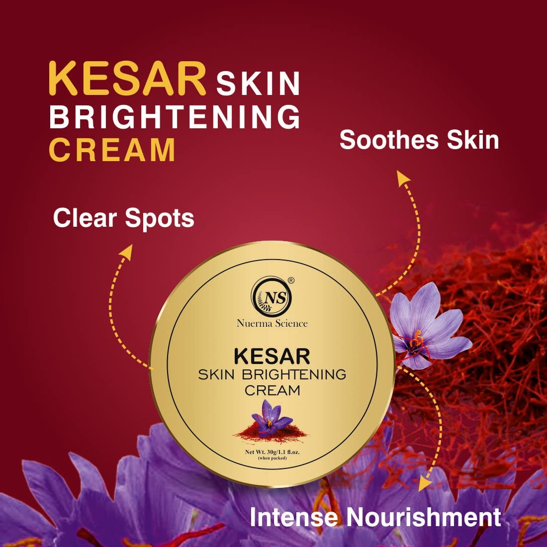 Nuerma Science Kesar Skin Brightening Cream SPF 30 – 50g | Saffron, Vitamin C, Niacinamide, Retinol & Turmeric | Ayurvedic Fairness & Sun Protection