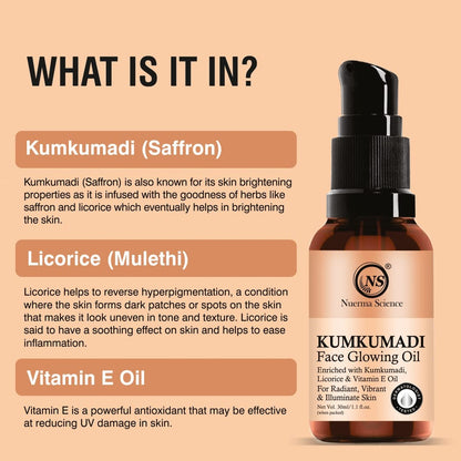 Nuerma Science Kumkumadi Face Oil 30ml | Glowing Skin, Saffron, Rakht Chandan, Mulethi & Vitamin E | Skin Brightening & Anti-Ageing