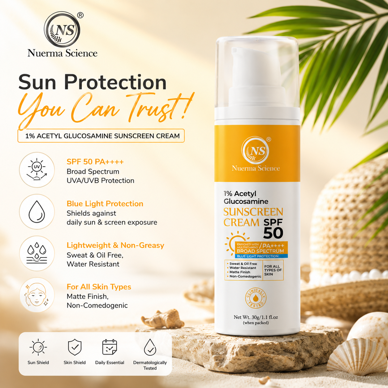 Nuerma Science 1% Acetyl Glucosamine Sunscreen Cream SPF 50 PA++++ | Infused with Multivitamins, Broad-Spectrum UV Protection Sunscreen Gel | Non-Comedogenic, Suitable for All Skin Types - 30gm