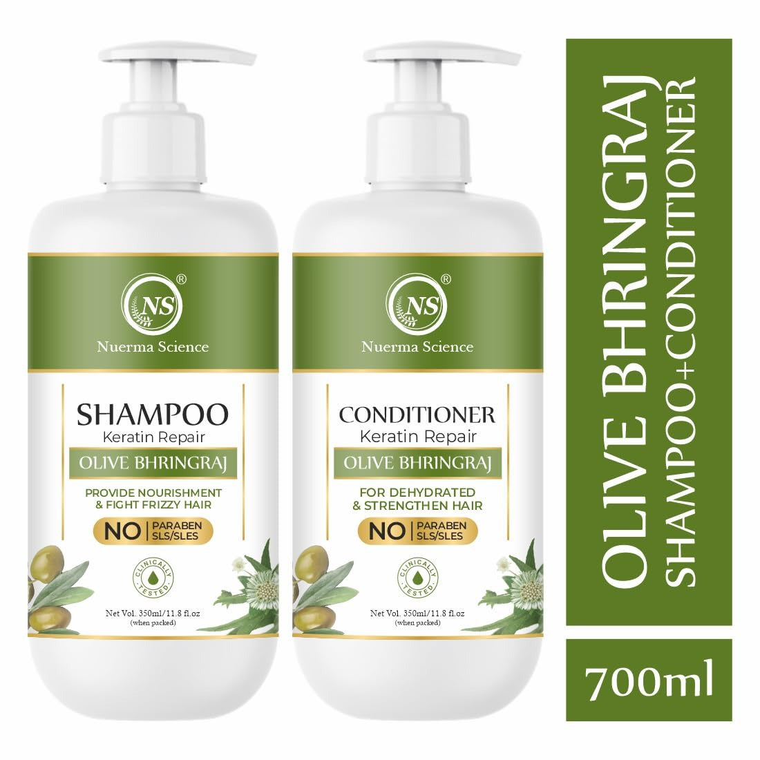 Nuerma Science Olive Bhringraj Hair Shampoo & Conditioner | Hair Strength, Shine & Scalp Nourishment | Sulphate & Paraben Free | Pack of 2, 700ml