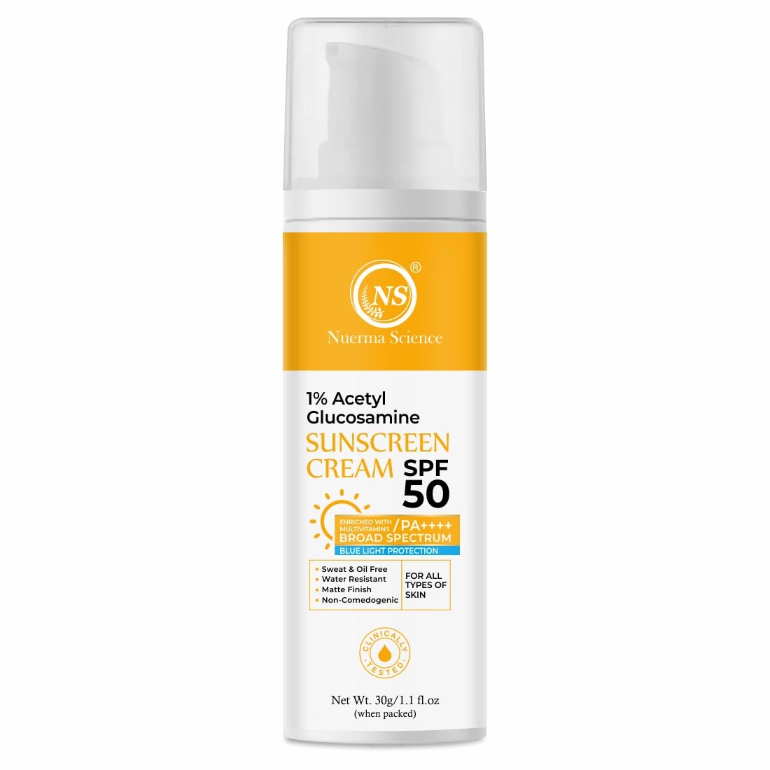 Nuerma Science 1% Acetyl Glucosamine Sunscreen Cream SPF 50 PA++++ | Infused with Multivitamins, Broad-Spectrum UV Protection Sunscreen Gel | Non-Comedogenic, Suitable for All Skin Types - 30gm