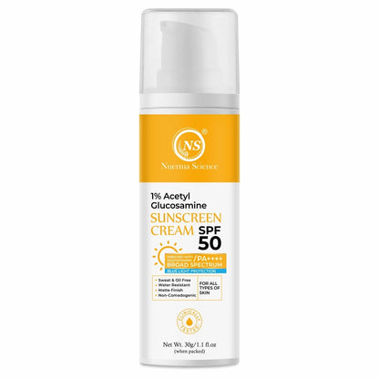 Nuerma Science 1% Acetyl Glucosamine Sunscreen Cream SPF 50 PA++++ | Infused with Multivitamins, Broad-Spectrum UV Protection Sunscreen Gel | Non-Comedogenic, Suitable for All Skin Types - 30gm