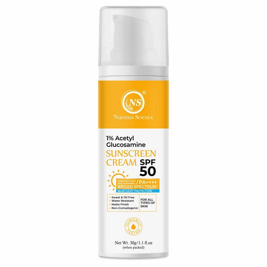 Nuerma Science 1% Acetyl Glucosamine Sunscreen Cream SPF 50 PA++++ | Infused with Multivitamins, Broad-Spectrum UV Protection Sunscreen Gel | Non-Comedogenic, Suitable for All Skin Types - 30gm